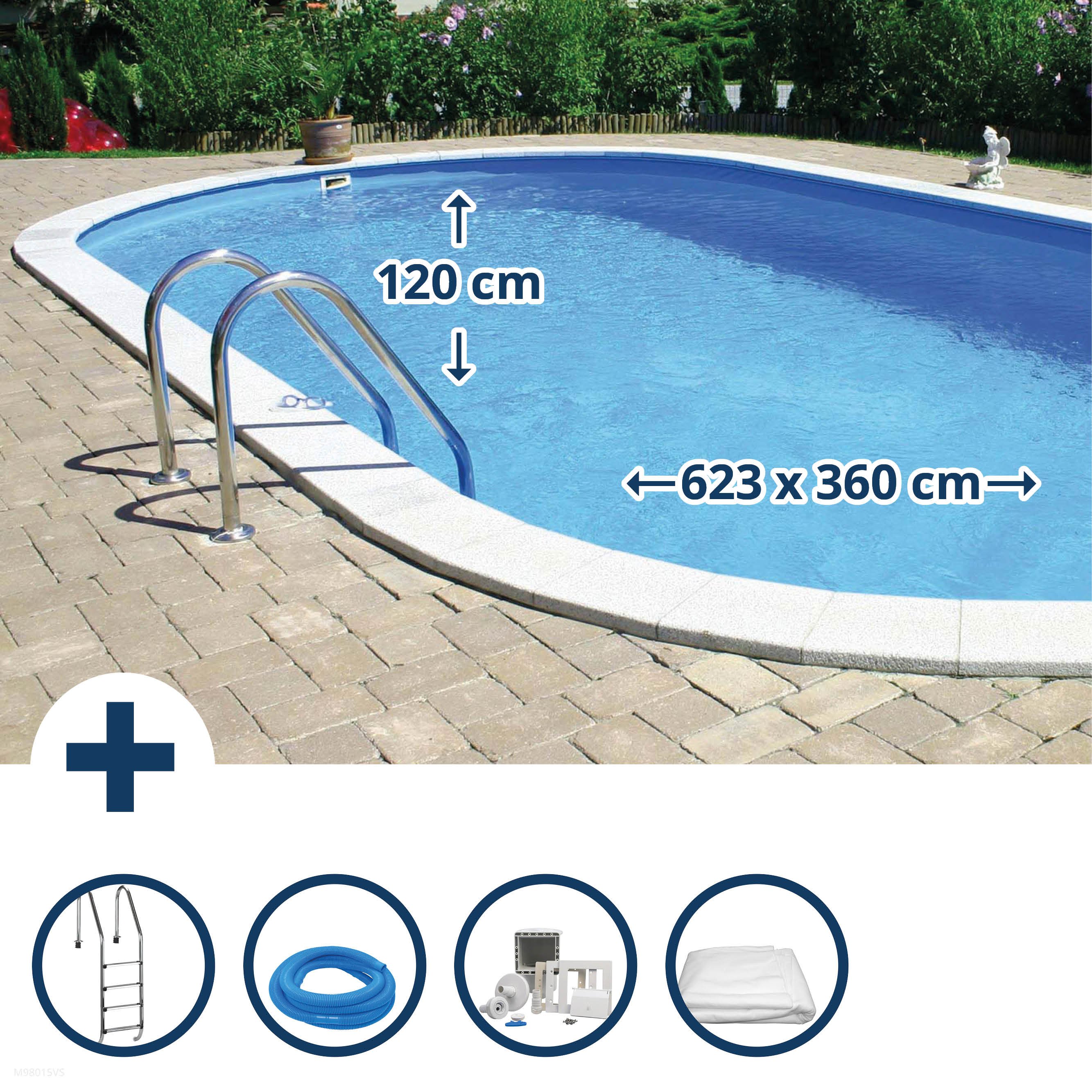 Stahlwandpool Set (5-teilig) tief oval 623 x 360 x 120 cm, Stahl 0,4 mm weiß Folie 0,4 mm blau